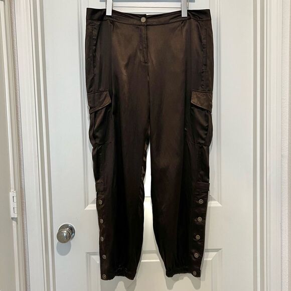Chico's Casablanca Brown Silk/Cotton Blend Satin Cargo Joggers Sz. 3 (XL/16) - Picture 2 of 15